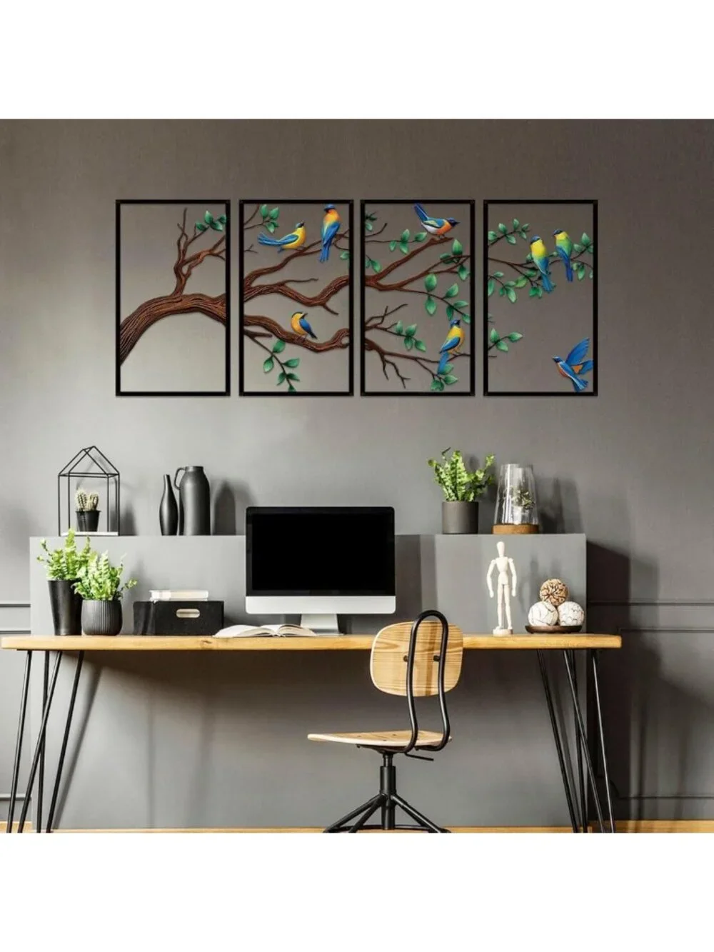 4-Piece Large Metal Birds & Branch Wall Art - Colorful Tree of Life Sculpture